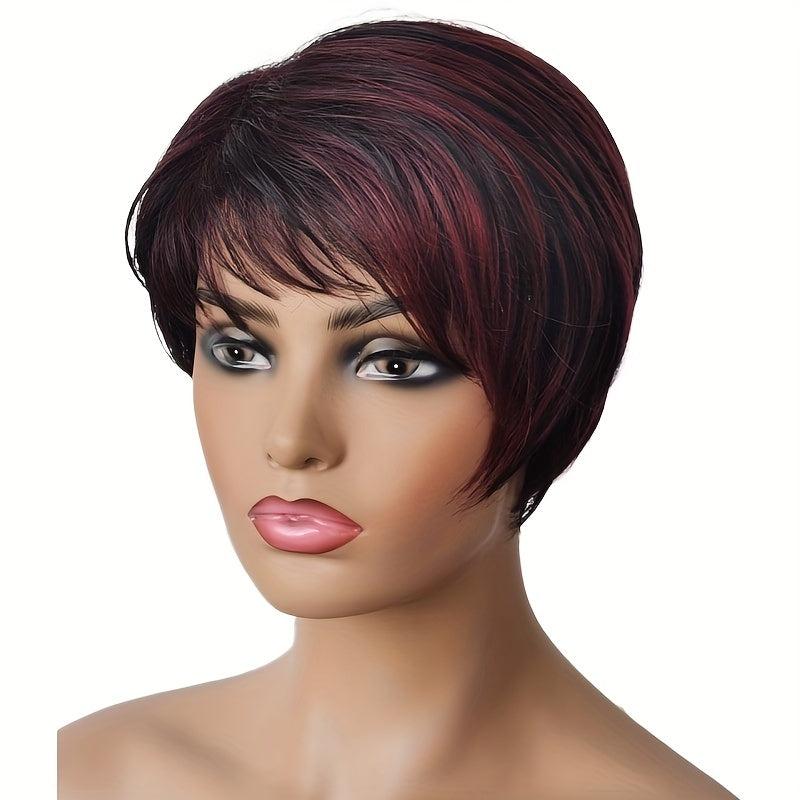 Burgundy Mixed Short Pixie Wigs For Women Synthetic Curly Wavy Wig With Bangs