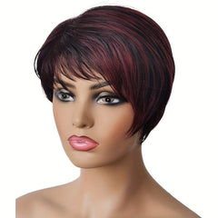 Burgundy Mixed Short Pixie Wigs For Women Synthetic Curly Wavy Wig With Bangs
