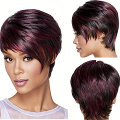 Burgundy Mixed Short Pixie Wigs For Women Synthetic Curly Wavy Wig With Bangs