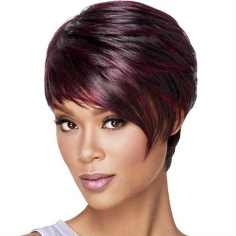 Burgundy Mixed Short Pixie Wigs For Women Synthetic Curly Wavy Wig With Bangs