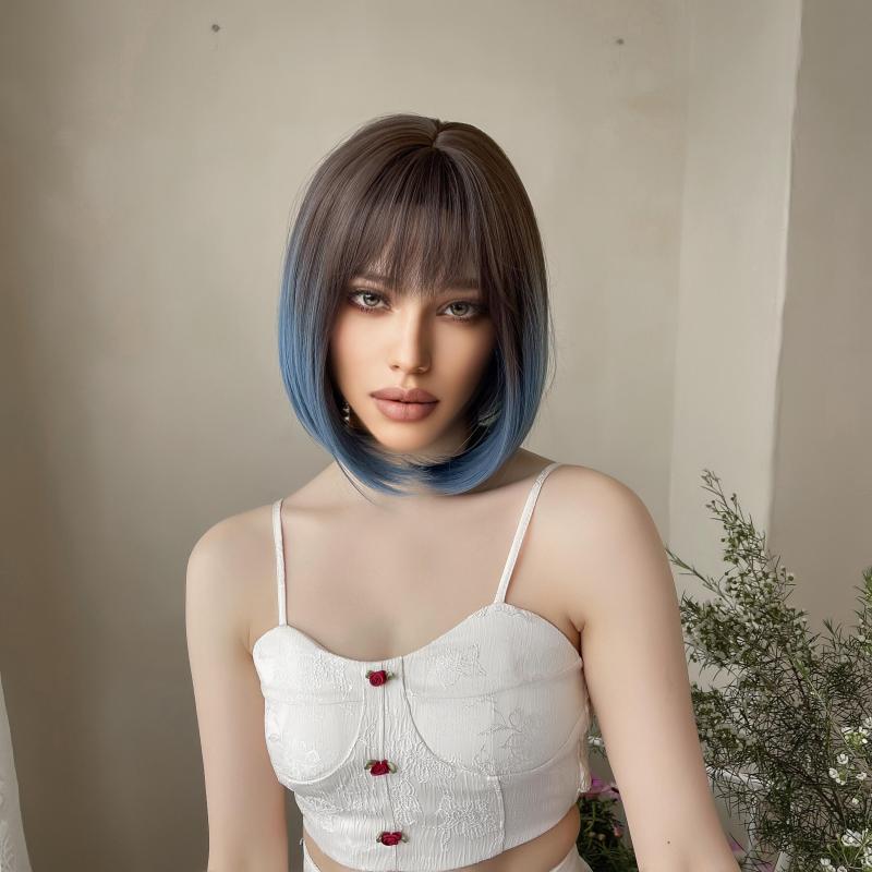 Gradient Short Bob Hair Wigs With Bangs 30 48 Cm Synthetic Fiber Bob Wigs