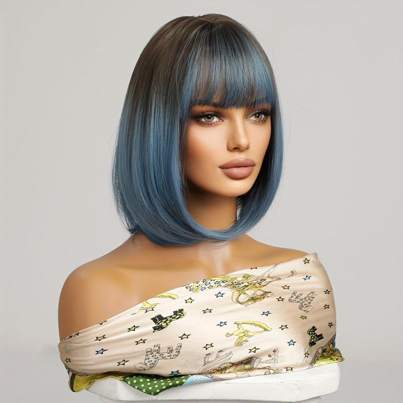 Gradient Short Bob Hair Wigs With Bangs 30 48 Cm Synthetic Fiber Bob Wigs