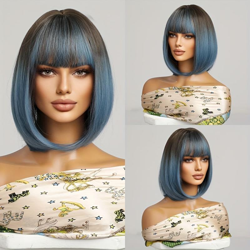 Gradient Short Bob Hair Wigs With Bangs 30 48 Cm Synthetic Fiber Bob Wigs