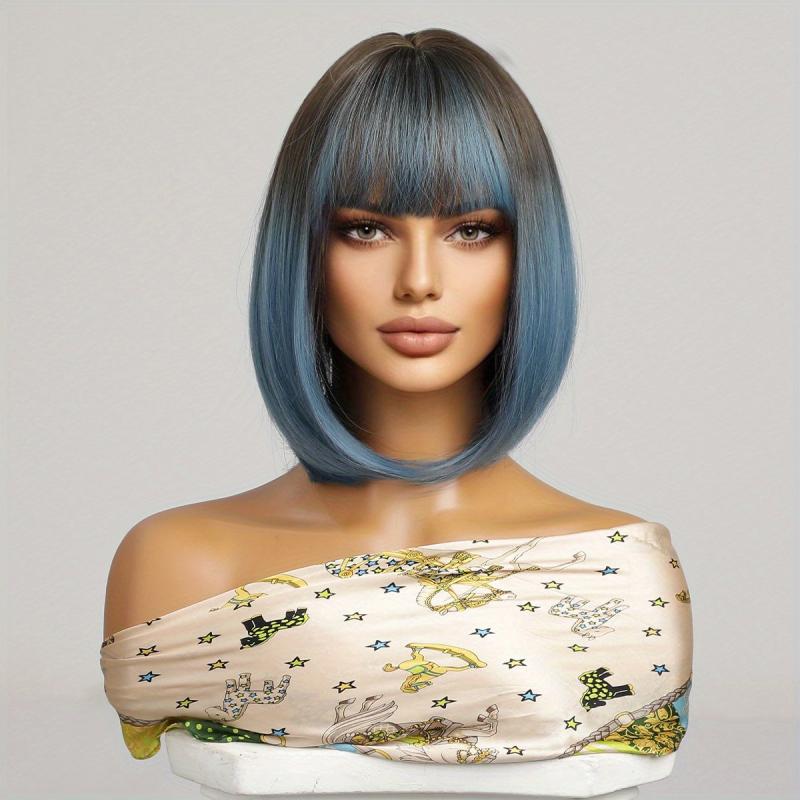 Gradient Short Bob Hair Wigs With Bangs 30 48 Cm Synthetic Fiber Bob Wigs