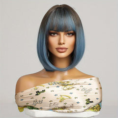Gradient Short Bob Hair Wigs With Bangs 30 48 Cm Synthetic Fiber Bob Wigs