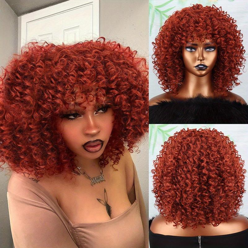 Golden Afro Curly Wig with Bangs Short Kinky Synthetic Wig for Women