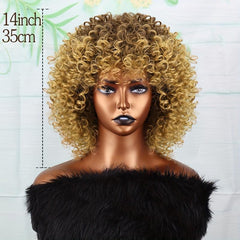 Golden Afro Curly Wig with Bangs Short Kinky Synthetic Wig for Women