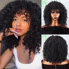 Golden Afro Curly Wig with Bangs Short Kinky Synthetic Wig for Women