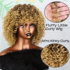 Golden Afro Curly Wig with Bangs Short Kinky Synthetic Wig for Women