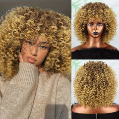 Golden Afro Curly Wig with Bangs Short Kinky Synthetic Wig for Women