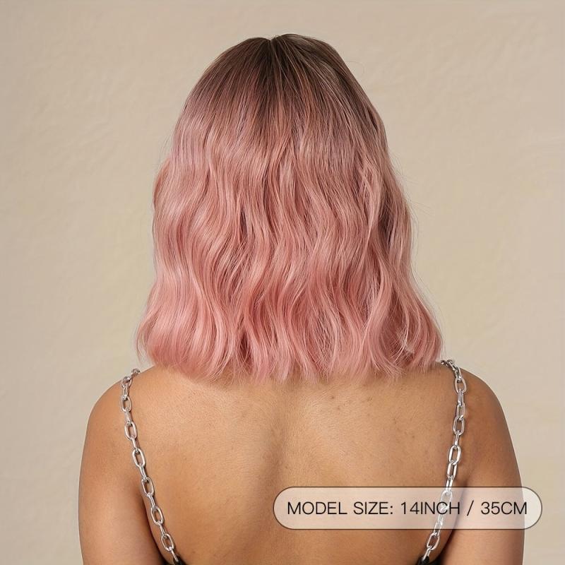 Ombre Pink Bob Wigs Short Wavy Wig With Bangs For Women Synthetic