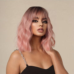 Ombre Pink Bob Wigs Short Wavy Wig With Bangs For Women Synthetic
