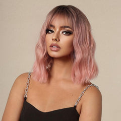 Ombre Pink Bob Wigs Short Wavy Wig With Bangs For Women Synthetic