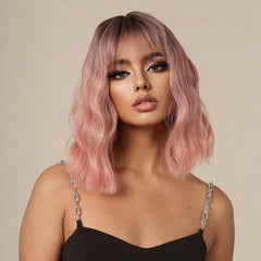 Ombre Pink Bob Wigs Short Wavy Wig With Bangs For Women Synthetic