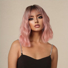 Ombre Pink Bob Wigs Short Wavy Wig With Bangs For Women Synthetic