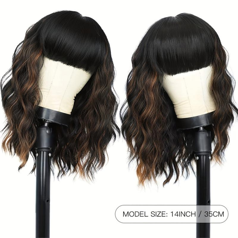 Brown Short Wavy Hair Wigs With Bangs 35 56 Cm Bob Length
