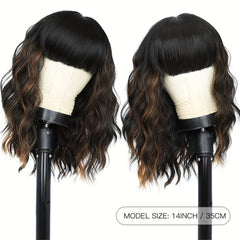 Brown Short Wavy Hair Wigs With Bangs 35 56 Cm Bob Length