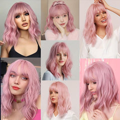 Brown Short Wavy Hair Wigs With Bangs 35 56 Cm Bob Length