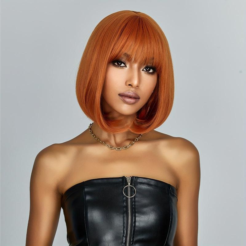 35 56 Cm Orange Straight Wigs with Bangs - Daily Use Cosplay Party