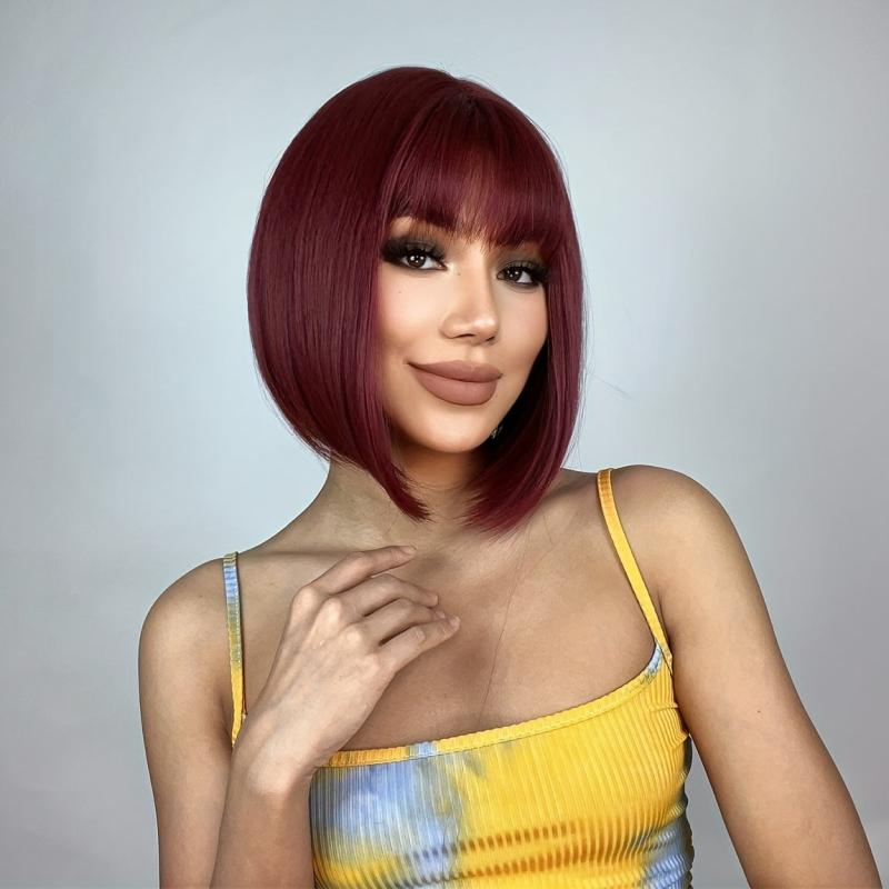 35 56 Cm Straight Bob Wig Short Hair Neat Bangs Natural Synthetic Women Burgundy