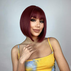 35 56 Cm Straight Bob Wig Short Hair Neat Bangs Natural Synthetic Women Burgundy