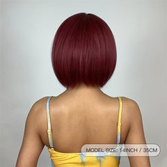 35 56 Cm Straight Bob Wig Short Hair Neat Bangs Natural Synthetic Women Burgundy