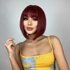35 56 Cm Straight Bob Wig Short Hair Neat Bangs Natural Synthetic Women Burgundy
