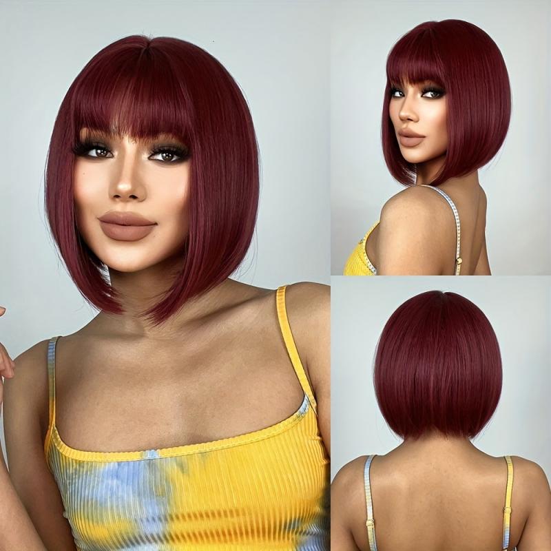 35 56 Cm Straight Bob Wig Short Hair Neat Bangs Natural Synthetic Women Burgundy