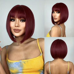 35 56 Cm Straight Bob Wig Short Hair Neat Bangs Natural Synthetic Women Burgundy