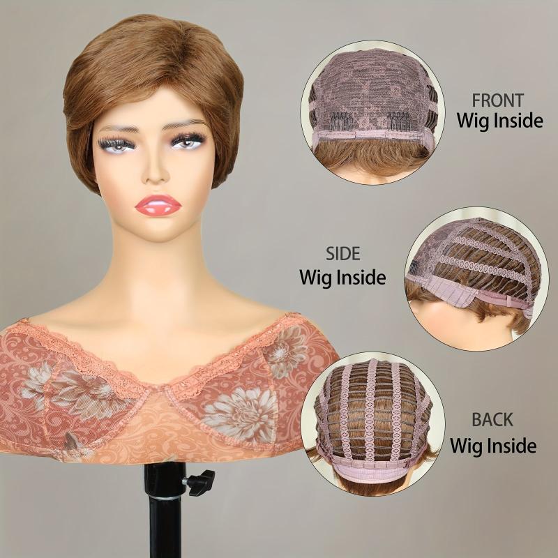 Short Honey Brown Curly Hair Wig Pixie Cut Synthetic Fiber Hair Wigs