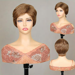 Short Honey Brown Curly Hair Wig Pixie Cut Synthetic Fiber Hair Wigs