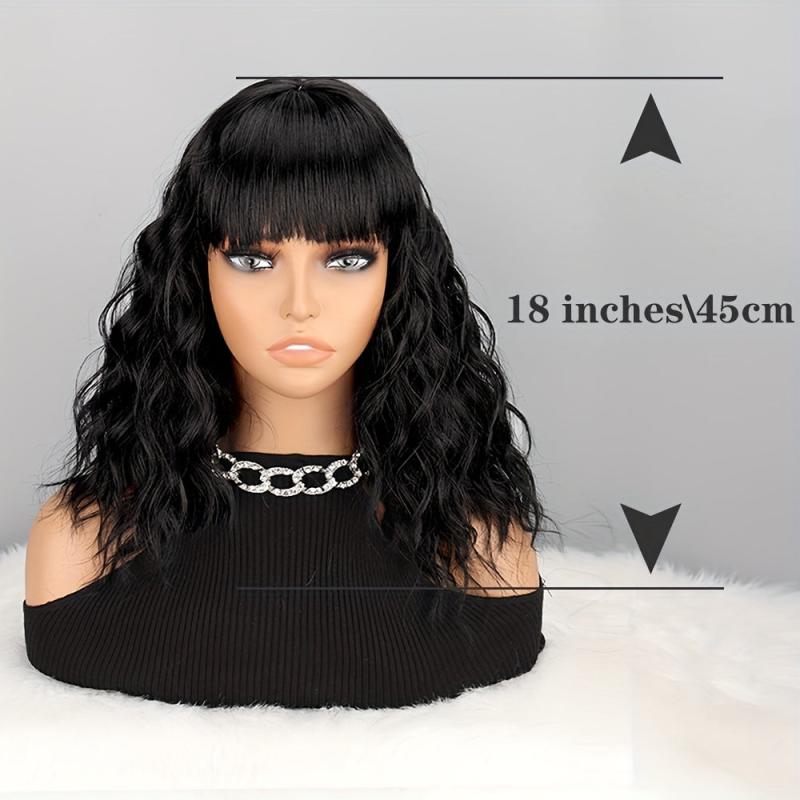 Shoulder Length Water Wave Hair Wigs With Bangs Short Bob Curly Hair Wigs