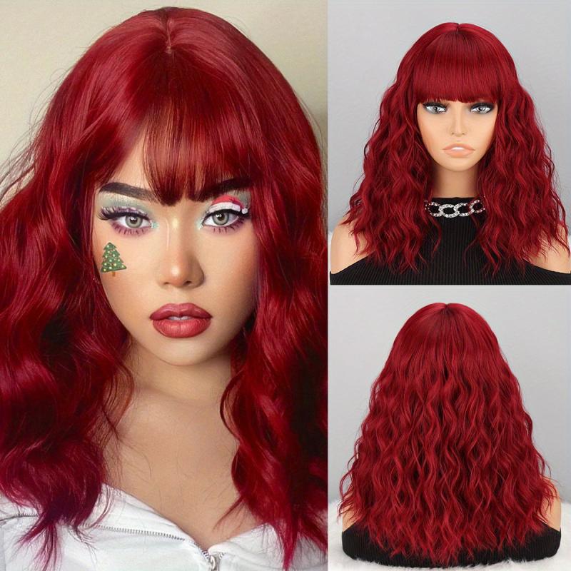 Shoulder Length Water Wave Hair Wigs With Bangs Short Bob Curly Hair Wigs