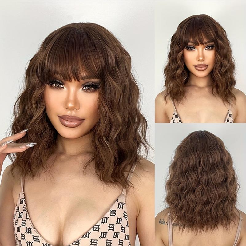 Shoulder Length Water Wave Hair Wigs With Bangs Short Bob Curly Hair Wigs