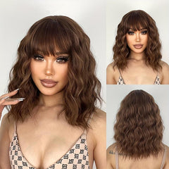Shoulder Length Water Wave Hair Wigs With Bangs Short Bob Curly Hair Wigs