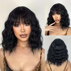 Shoulder Length Water Wave Hair Wigs With Bangs Short Bob Curly Hair Wigs