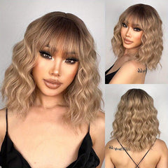 Shoulder Length Water Wave Hair Wigs With Bangs Short Bob Curly Hair Wigs