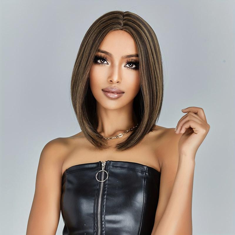 Brown 35 56 Cm Short Bob Wigs Blonde Highlight Synthetic Fiber None Lace Wigs
