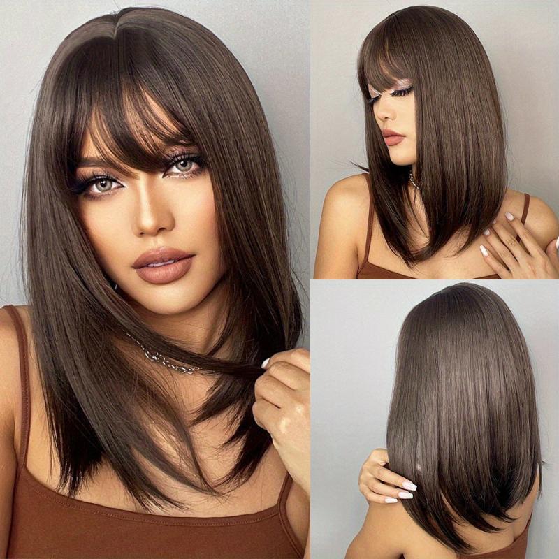 30 48 Cm Gloden Straight Hair Wigs With Bangs Shoulder Length Synthetic Fiber