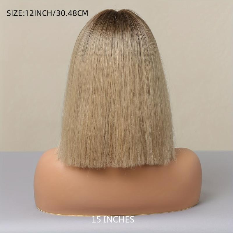 30 48 Cm Gloden Straight Hair Wigs With Bangs Shoulder Length Synthetic Fiber