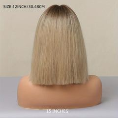 30 48 Cm Gloden Straight Hair Wigs With Bangs Shoulder Length Synthetic Fiber