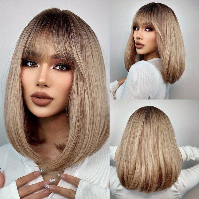 30 48 Cm Gloden Straight Hair Wigs With Bangs Shoulder Length Synthetic Fiber