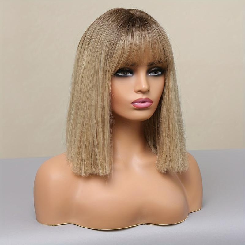 30 48 Cm Gloden Straight Hair Wigs With Bangs Shoulder Length Synthetic Fiber