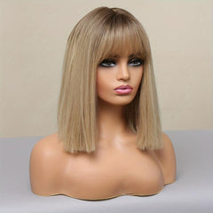 30 48 Cm Gloden Straight Hair Wigs With Bangs Shoulder Length Synthetic Fiber