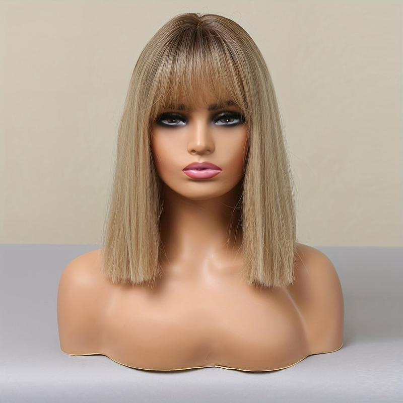30 48 Cm Gloden Straight Hair Wigs With Bangs Shoulder Length Synthetic Fiber