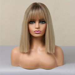30 48 Cm Gloden Straight Hair Wigs With Bangs Shoulder Length Synthetic Fiber