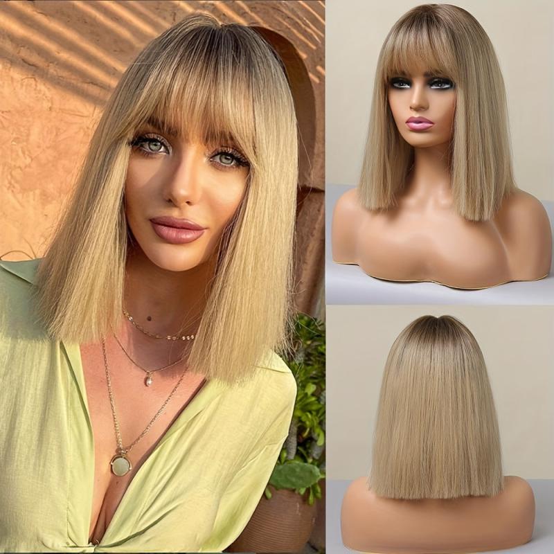 30 48 Cm Gloden Straight Hair Wigs With Bangs Shoulder Length Synthetic Fiber