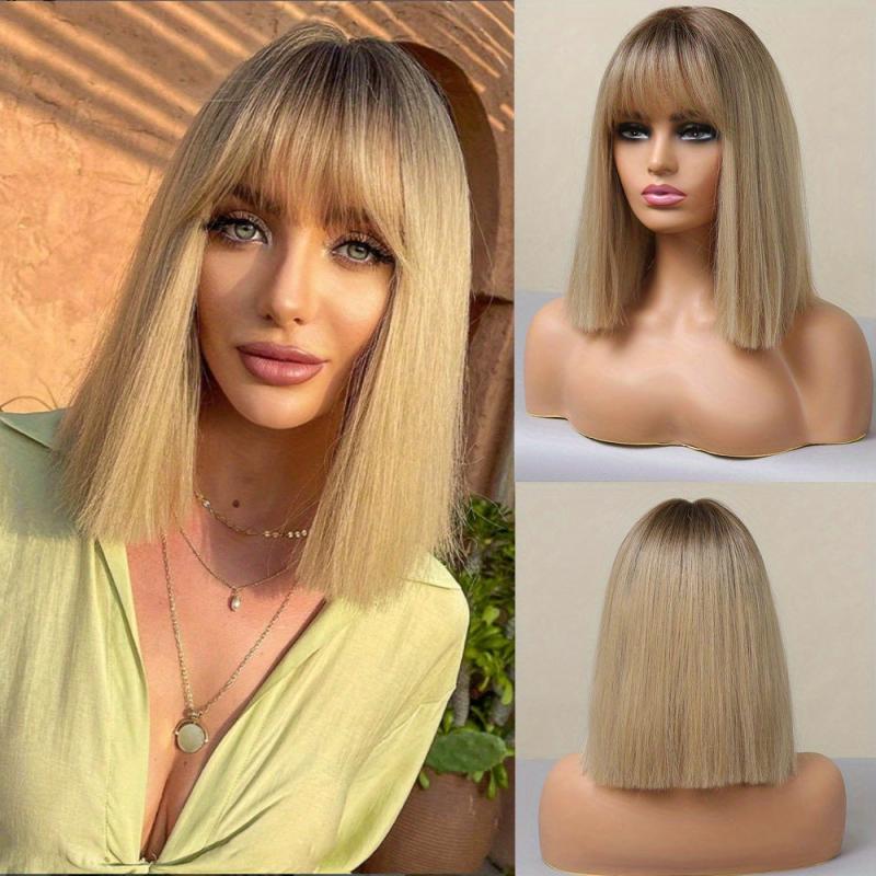 30 48 Cm Gloden Straight Hair Wigs With Bangs Shoulder Length Synthetic Fiber
