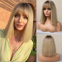 30 48 Cm Gloden Straight Hair Wigs With Bangs Shoulder Length Synthetic Fiber