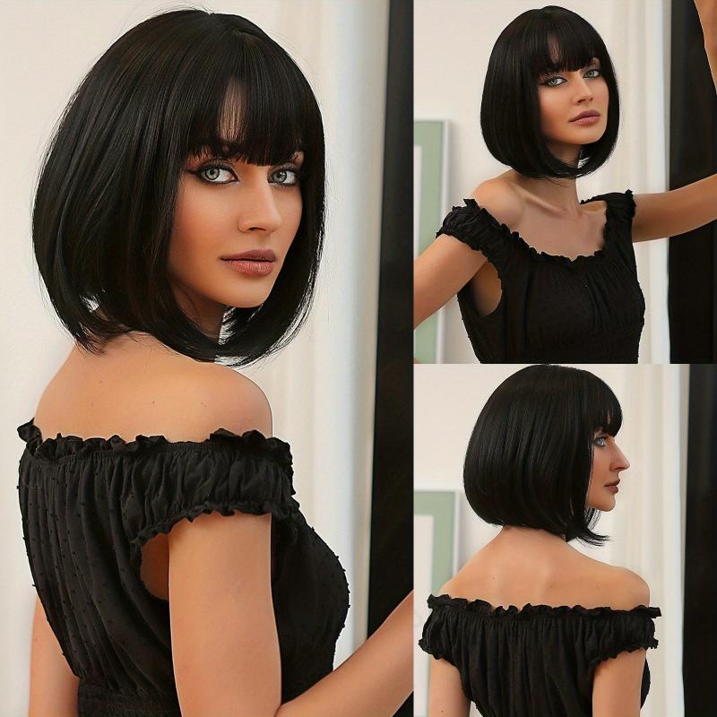 Short Straight Wigs With Bangs Synthetic Hair Replacement Wigs For Women Girls